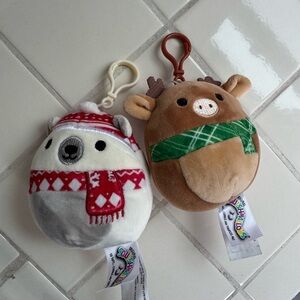 Set of 2 Squishmallows Christmas Reindeer & Polar Bear Small Keychains